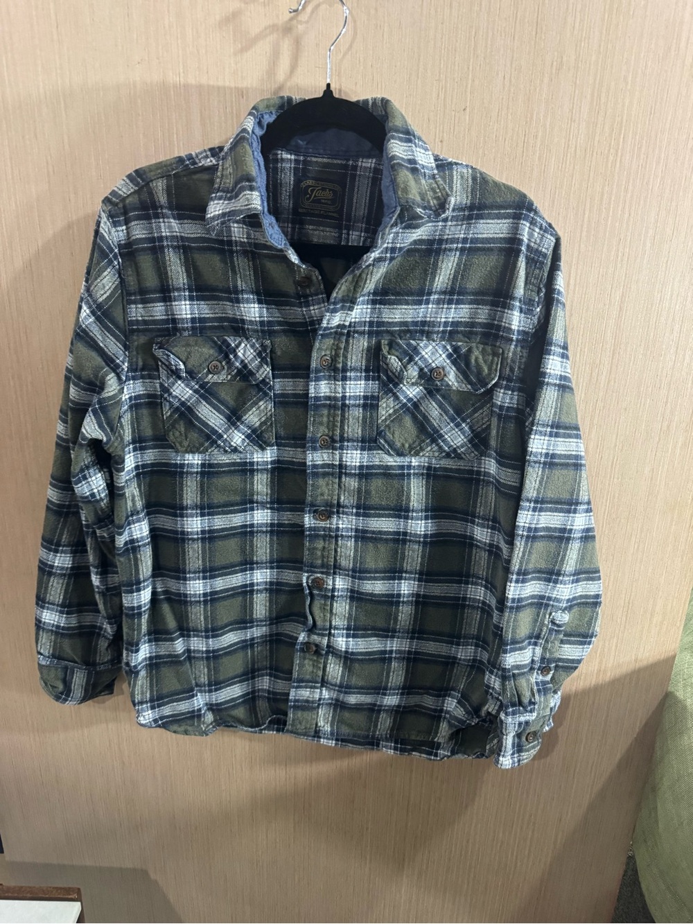 Jachs MFG Olive, Navy & Cream Plaid Flannel Shirt Size Medium